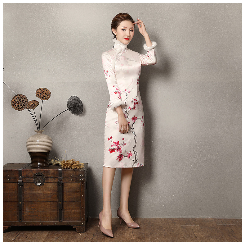 素雅紅雪水墨旗袍，復(fù)古梅花旗袍裙