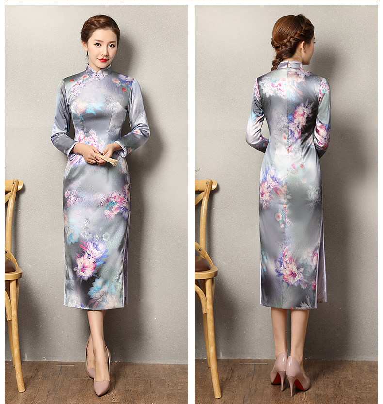 藍色提花孔雀旗袍，復(fù)古花域旗袍裙