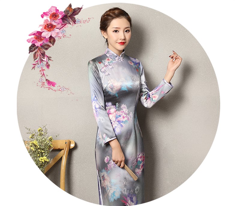 藍色提花孔雀旗袍，復(fù)古花域旗袍裙