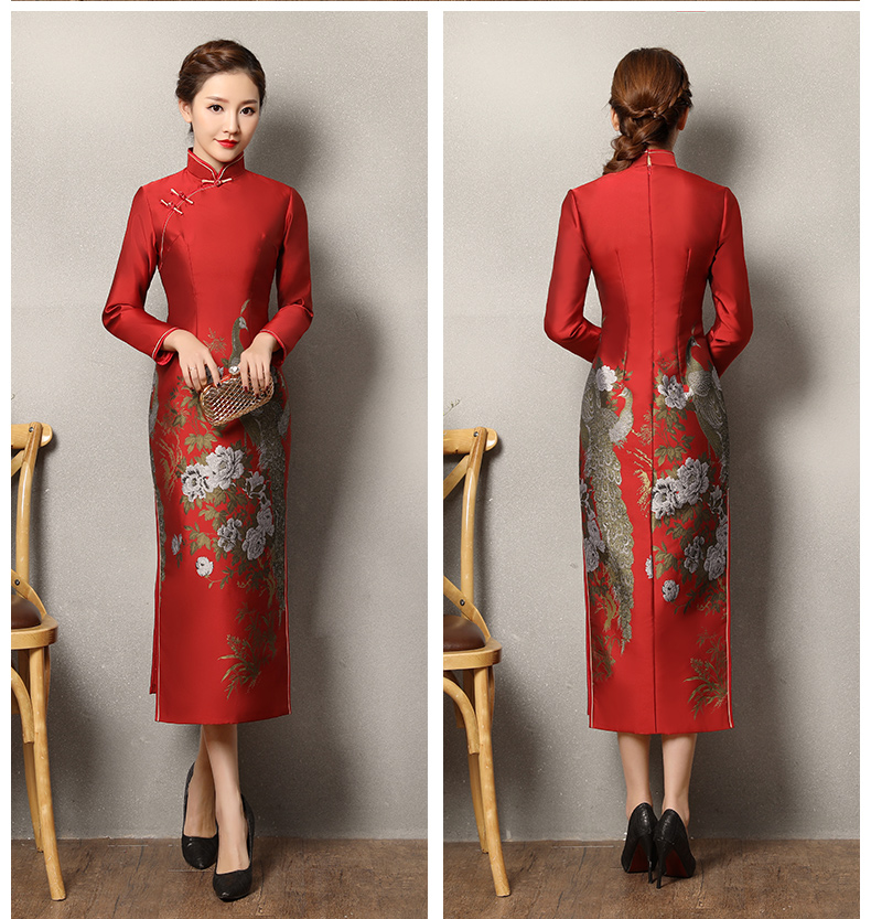牡丹孔雀紅色旗袍，復(fù)古火鳳旗袍裙