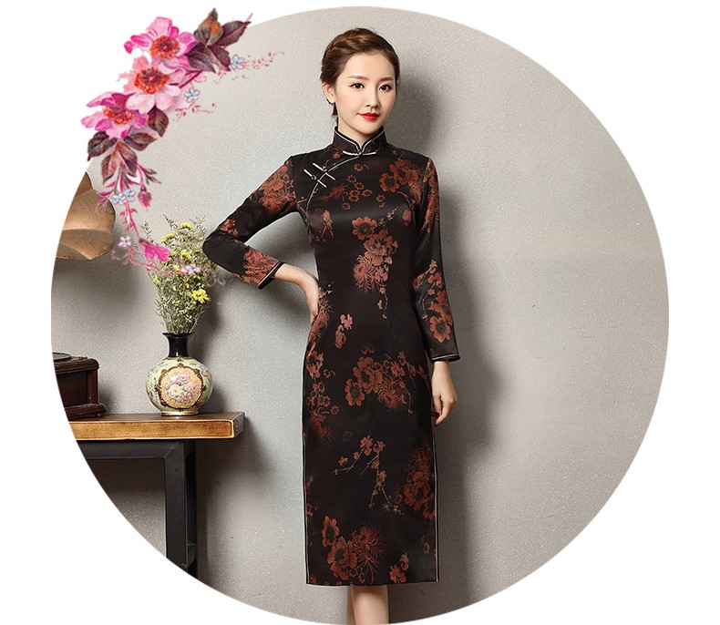 深色印暗紅花旗袍，優(yōu)雅韻放旗袍裙