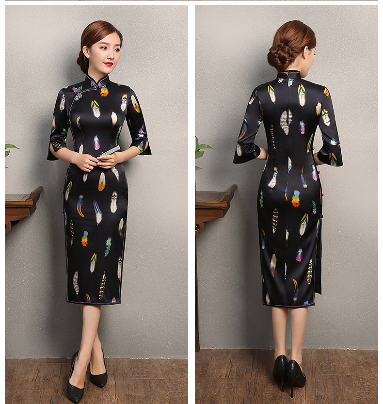 黑色香羽旗袍，蠶絲中袖旗袍裙