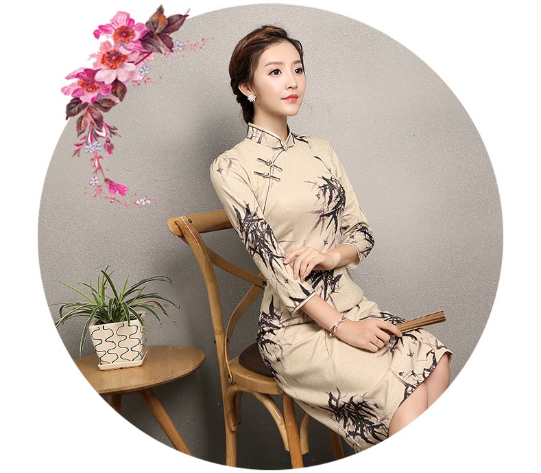 杏色墨竹旗袍，時(shí)尚家佳樂(lè)文學(xué)旗袍裙