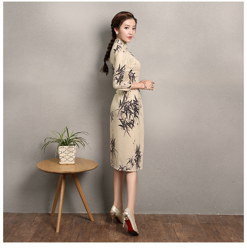 杏色墨竹旗袍，時(shí)尚家佳樂(lè)文學(xué)旗袍裙