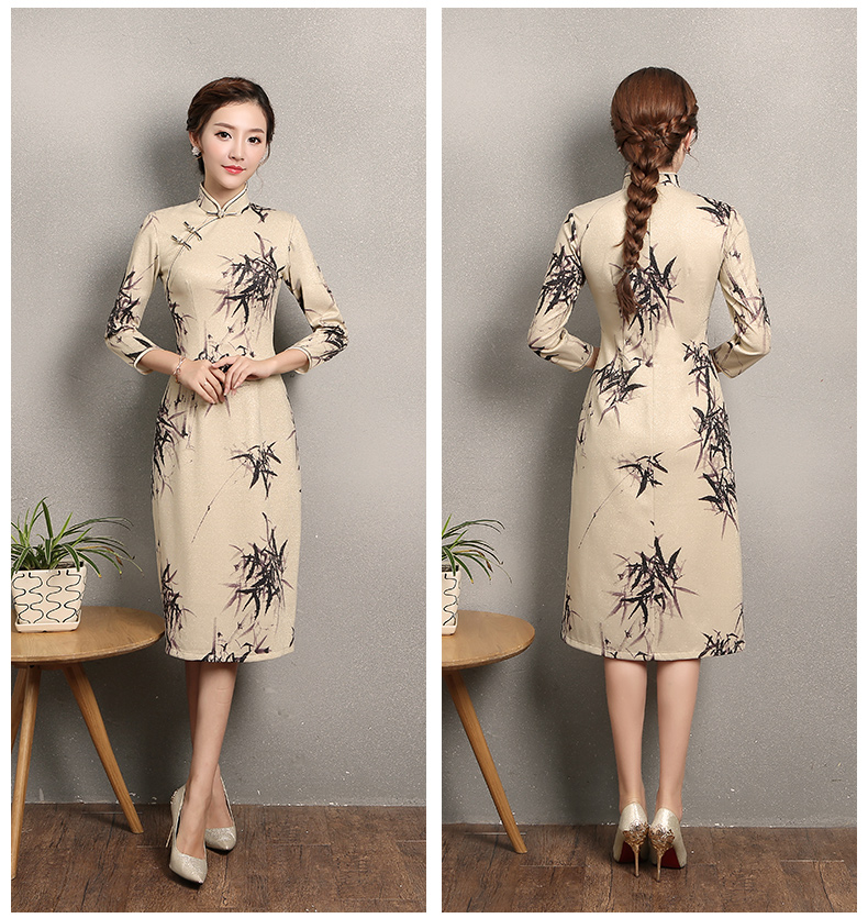 杏色墨竹旗袍，時(shí)尚家佳樂(lè)文學(xué)旗袍裙