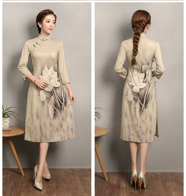 黃色金荷旗袍，時尚家佳樂文學(xué)旗袍裙
