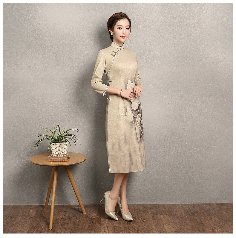 黃色金荷旗袍，時尚家佳樂文學(xué)旗袍裙