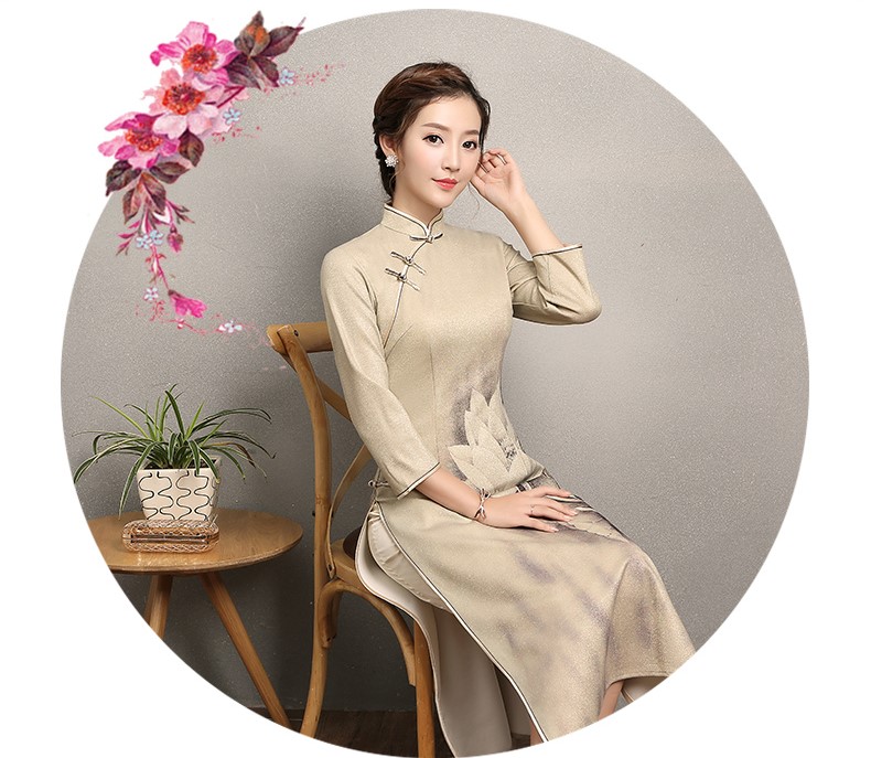 黃色金荷旗袍，時尚家佳樂文學(xué)旗袍裙