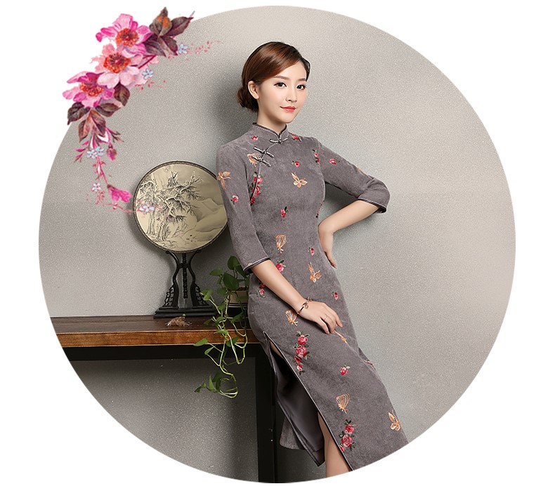 藍灰色蝴蝶旗袍，優(yōu)雅復(fù)古旗袍裙