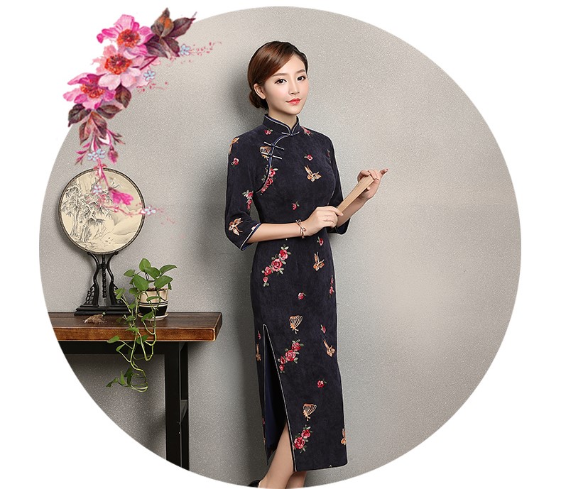 藍灰色蝴蝶旗袍，優(yōu)雅復(fù)古旗袍裙