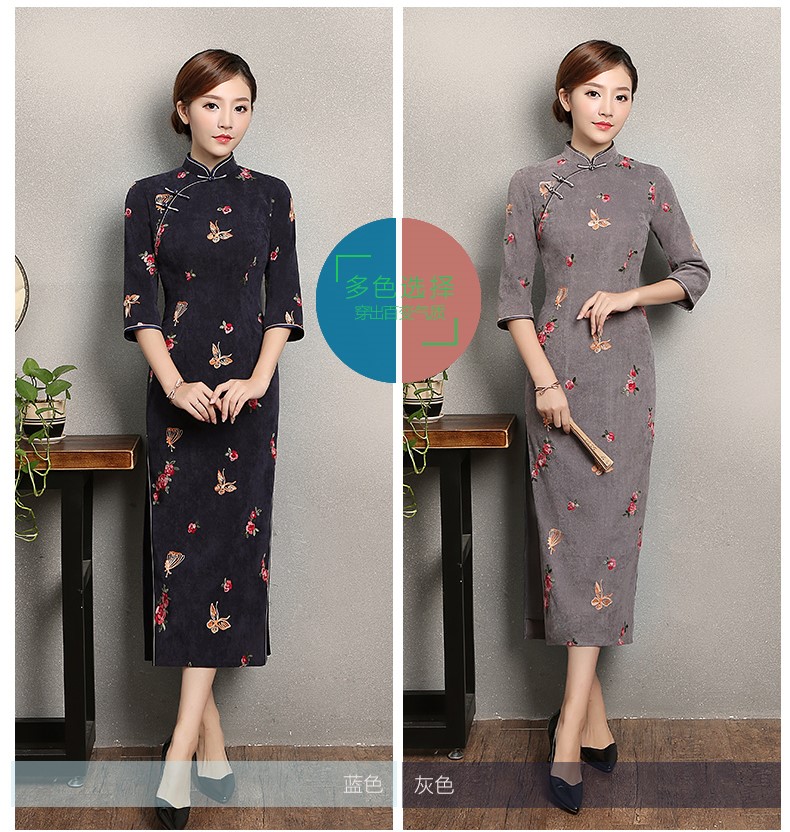藍灰色蝴蝶旗袍，優(yōu)雅復(fù)古旗袍裙