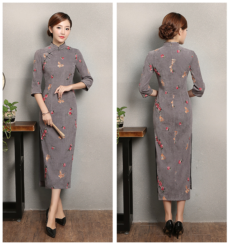 藍灰色蝴蝶旗袍，優(yōu)雅復(fù)古旗袍裙