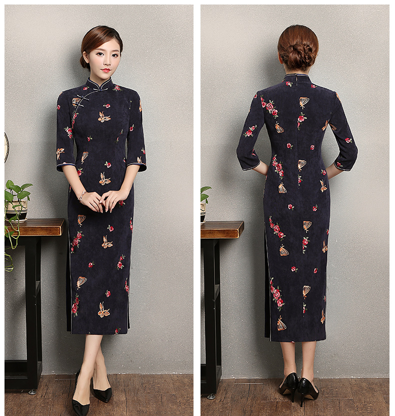 藍灰色蝴蝶旗袍，優(yōu)雅復(fù)古旗袍裙