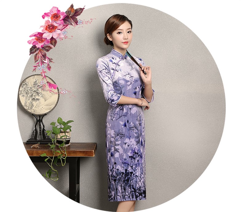 淡紫色印花旗袍，高貴典雅旗袍裙