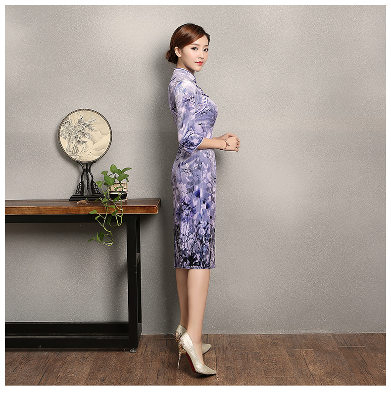 淡紫色印花旗袍，高貴典雅旗袍裙