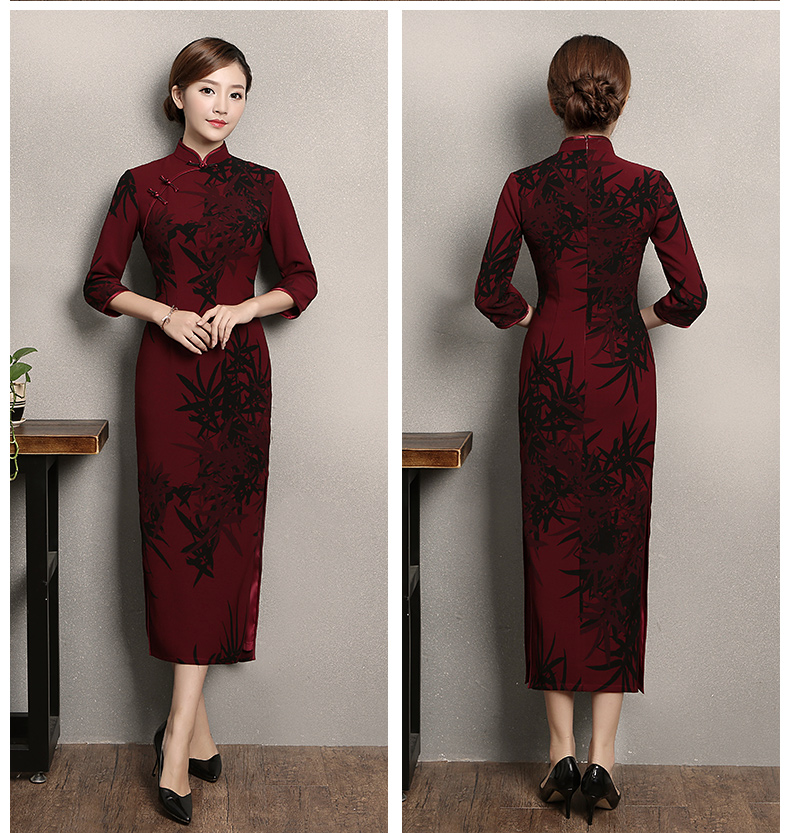 暗紅色竹香旗袍，古典中袖旗袍裙