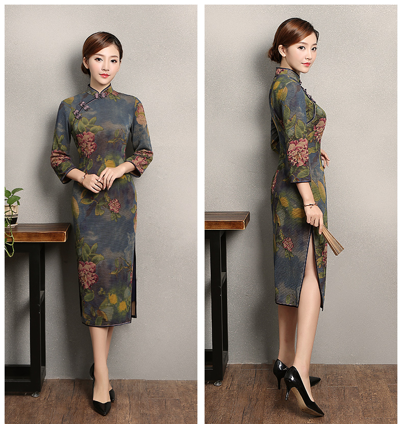 牡丹花色旗袍，古典中袖旗袍裙