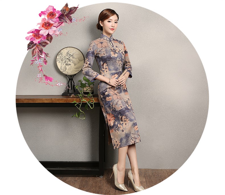 復(fù)古印花旗袍，藍(lán)紫色中袖旗袍裙