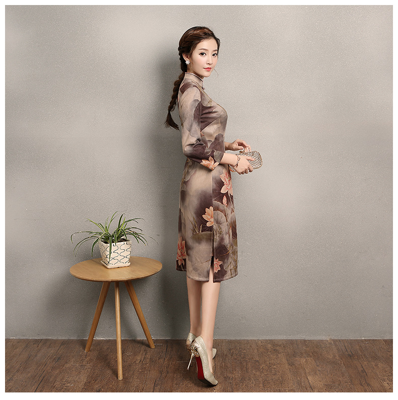 粉荷印花旗袍，家佳樂文學復古旗袍裙