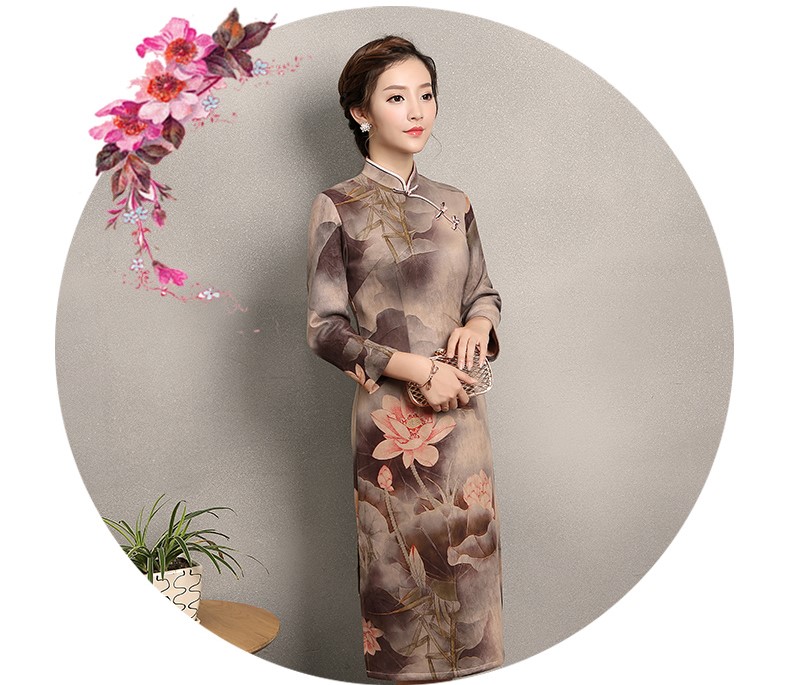 粉荷印花旗袍，家佳樂文學復古旗袍裙