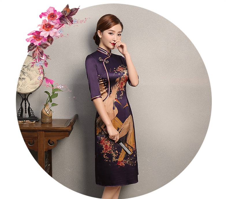 鶴舞紫色旗袍，家佳樂文學(xué)復(fù)古旗袍裙