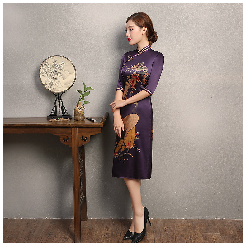 鶴舞紫色旗袍，家佳樂文學(xué)復(fù)古旗袍裙