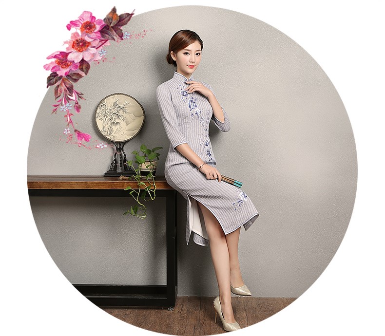 淡紫色條紋旗袍，文藝復古繡花旗袍裙