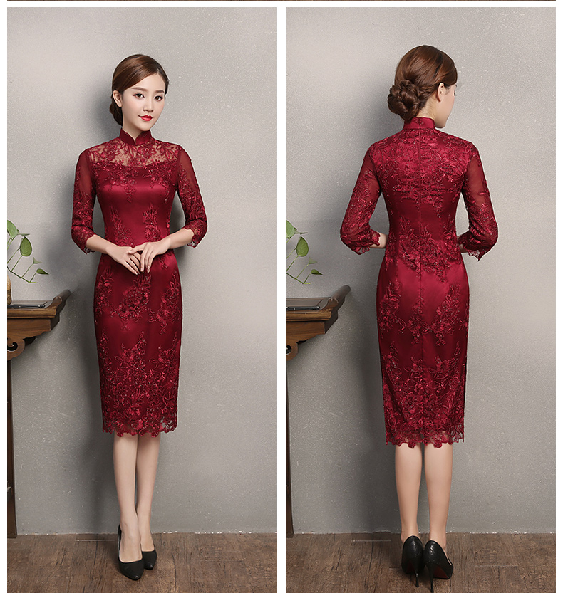 紅色蕾絲旗袍，復(fù)古刺繡旗袍裙