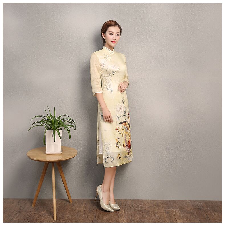 淡黃色靈鳳旗袍，奧黛改良旗袍裙