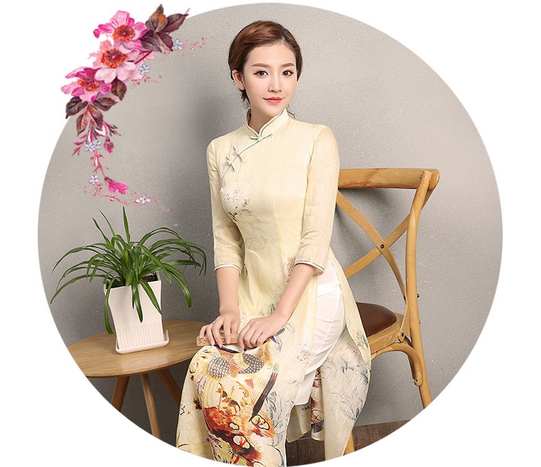 淡黃色靈鳳旗袍，奧黛改良旗袍裙