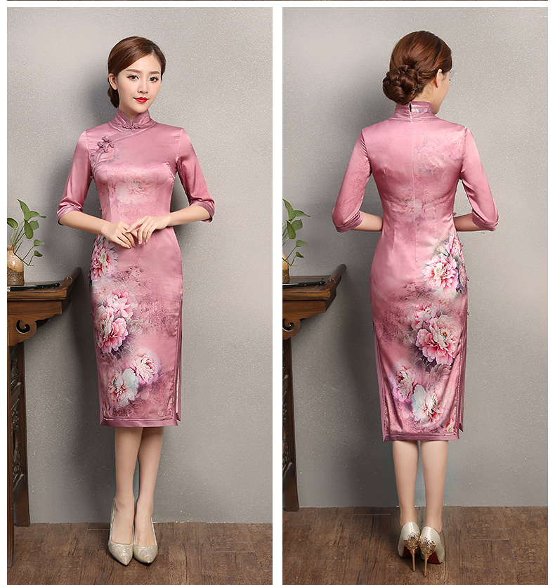 粉色墨畫旗袍，中袖真絲旗袍裙