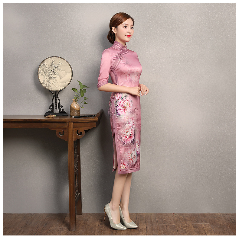 粉色墨畫旗袍，中袖真絲旗袍裙