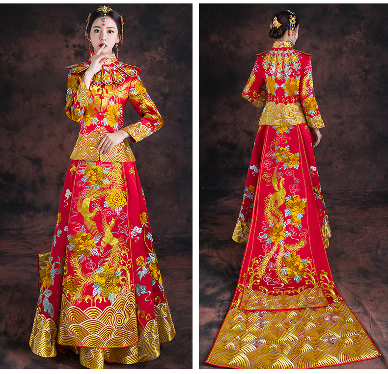 紅色長(zhǎng)款拖尾中式禮服，精美刺繡新娘結(jié)婚禮服