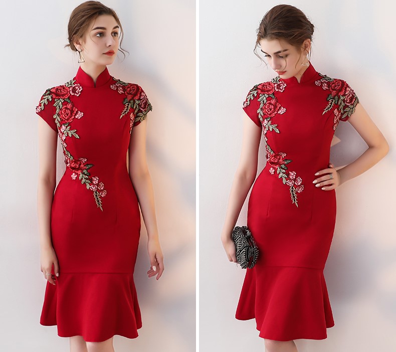 蕾絲花朵中式禮服，性感魚尾晚禮服