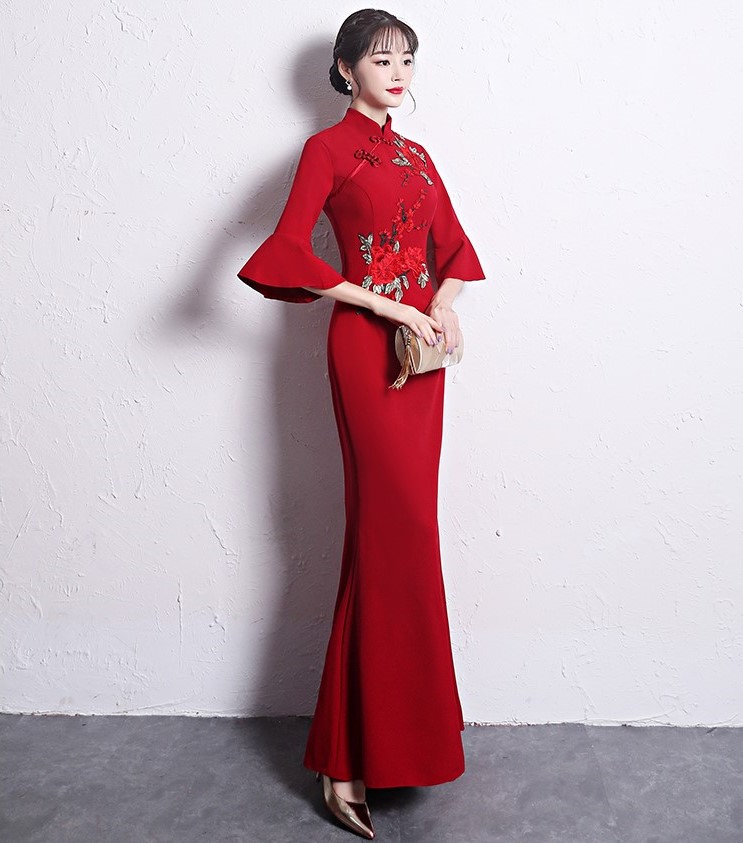 時(shí)尚復(fù)古中式禮服，喇叭袖晚禮服