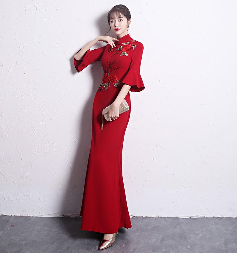 時(shí)尚復(fù)古中式禮服，喇叭袖晚禮服