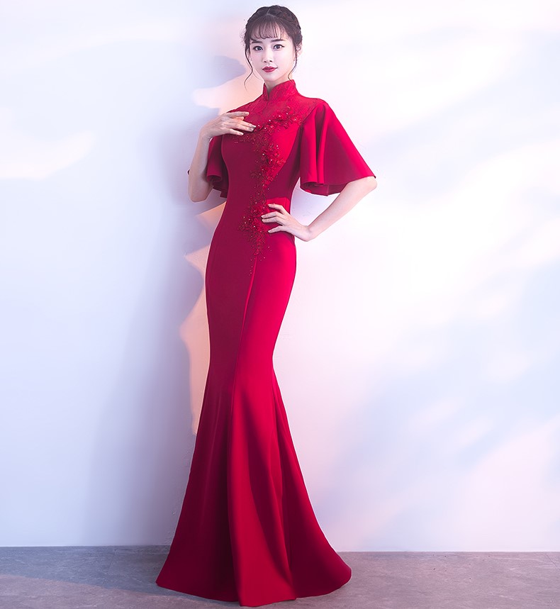 時尚喇叭袖口中式禮服，立體花朵魚尾晚禮服