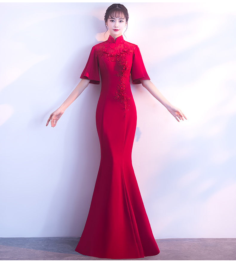 時尚喇叭袖口中式禮服，立體花朵魚尾晚禮服