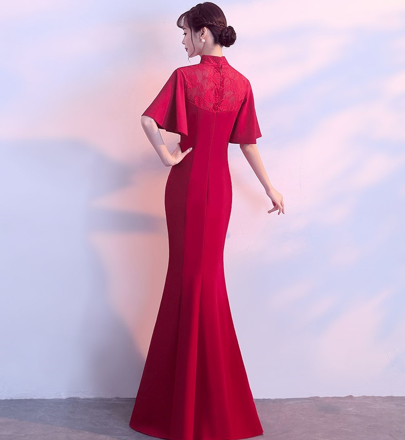 時尚喇叭袖口中式禮服，立體花朵魚尾晚禮服