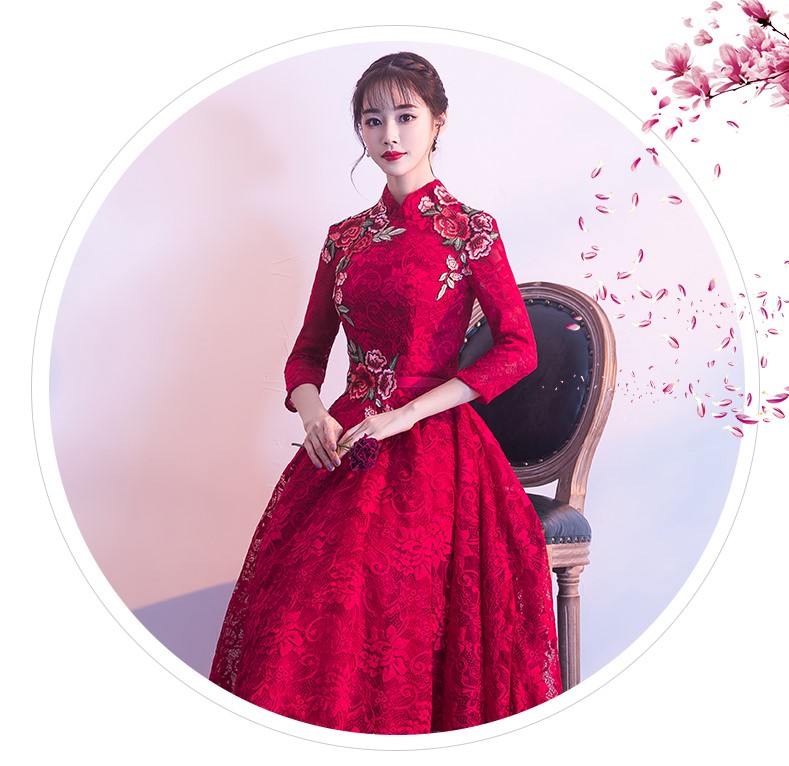 古典蕾絲中式禮服，優(yōu)雅花朵晚禮服