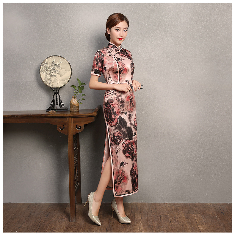 秋鴻印花旗袍，真絲中袖旗袍裙
