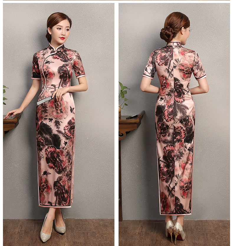 秋鴻印花旗袍，真絲中袖旗袍裙