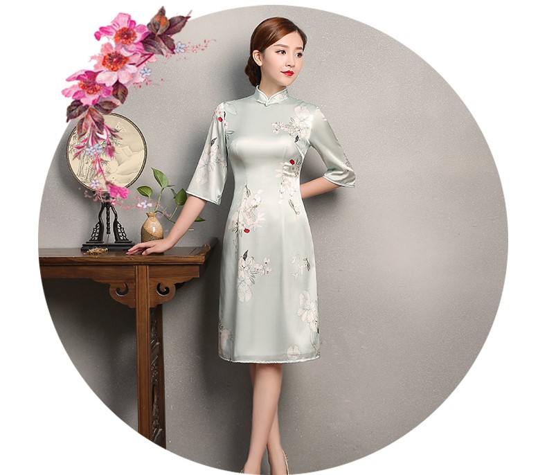 淡綠色青香印花旗袍，真絲中袖旗袍裙