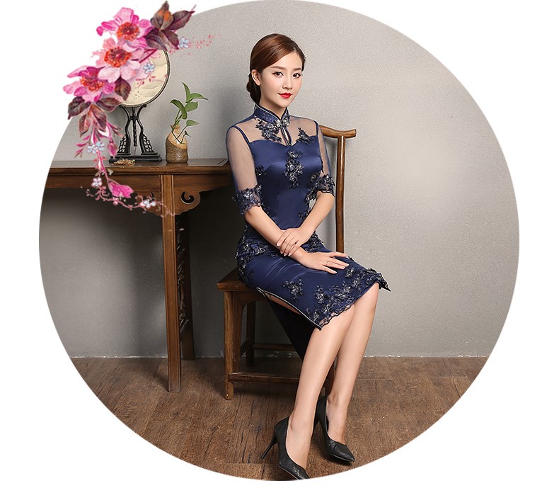 藍色薔薇繡花旗袍，復古蕾絲旗袍裙