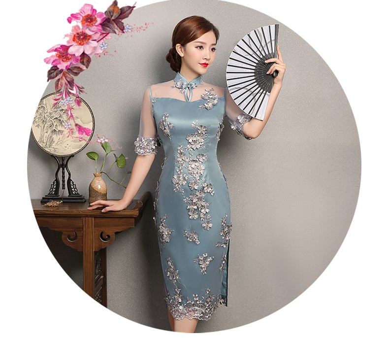 藍色薔薇繡花旗袍，復古蕾絲旗袍裙