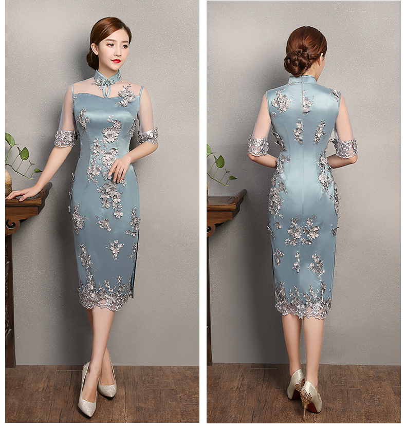 藍色薔薇繡花旗袍，復古蕾絲旗袍裙