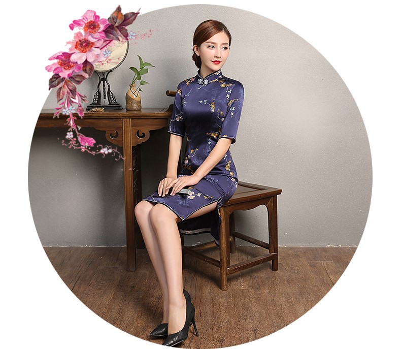 藍紫色印花旗袍，復古中袖旗袍裙