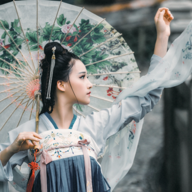 兩組齊胸襦裙?jié)h服女子頭像，唯美古風真人頭像