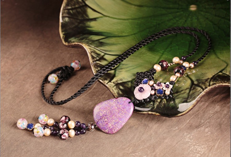 珍珠紫水晶石頭吊墜毛衣鏈，復(fù)古民族風(fēng)項鏈