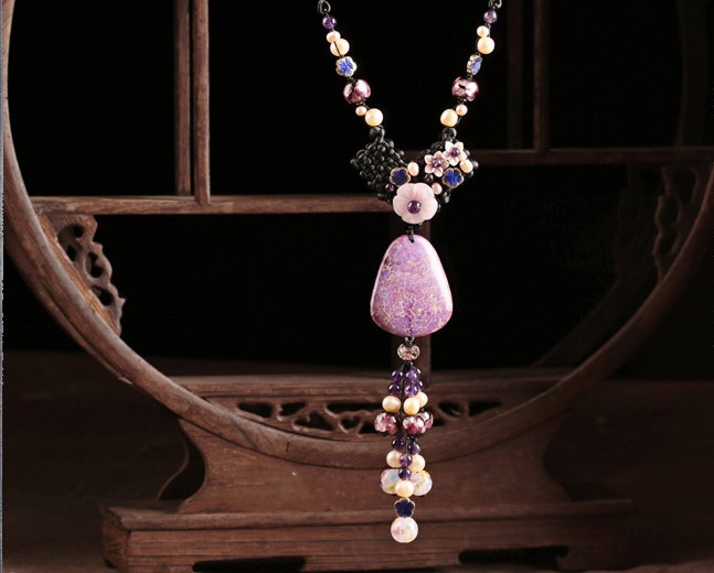 珍珠紫水晶石頭吊墜毛衣鏈，復(fù)古民族風(fēng)項鏈